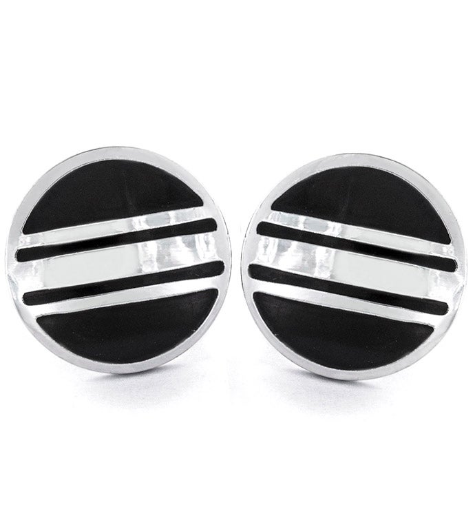 Men's Striped Black And Polished Round Cuff Links